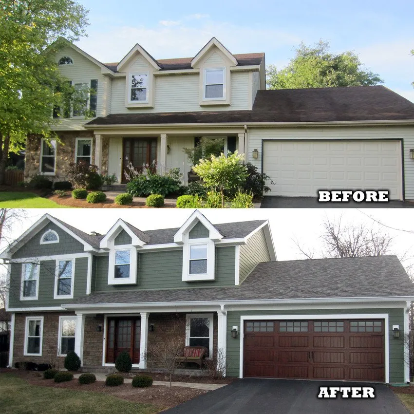 Before and after full exterior renovation by Black Ridge Contracting in Des Moines Iowa showing new green siding new roof stone accents and wood-grain garage door replacing dated yellow siding